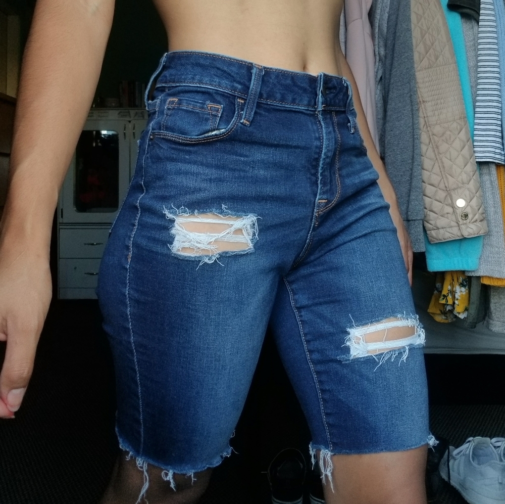 High Rise Distressed Denim Bermuda Shorts